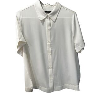 Quince Silk Blend Button Front Blouse Medium Ivory Short Sleeve Stretch Silk Top